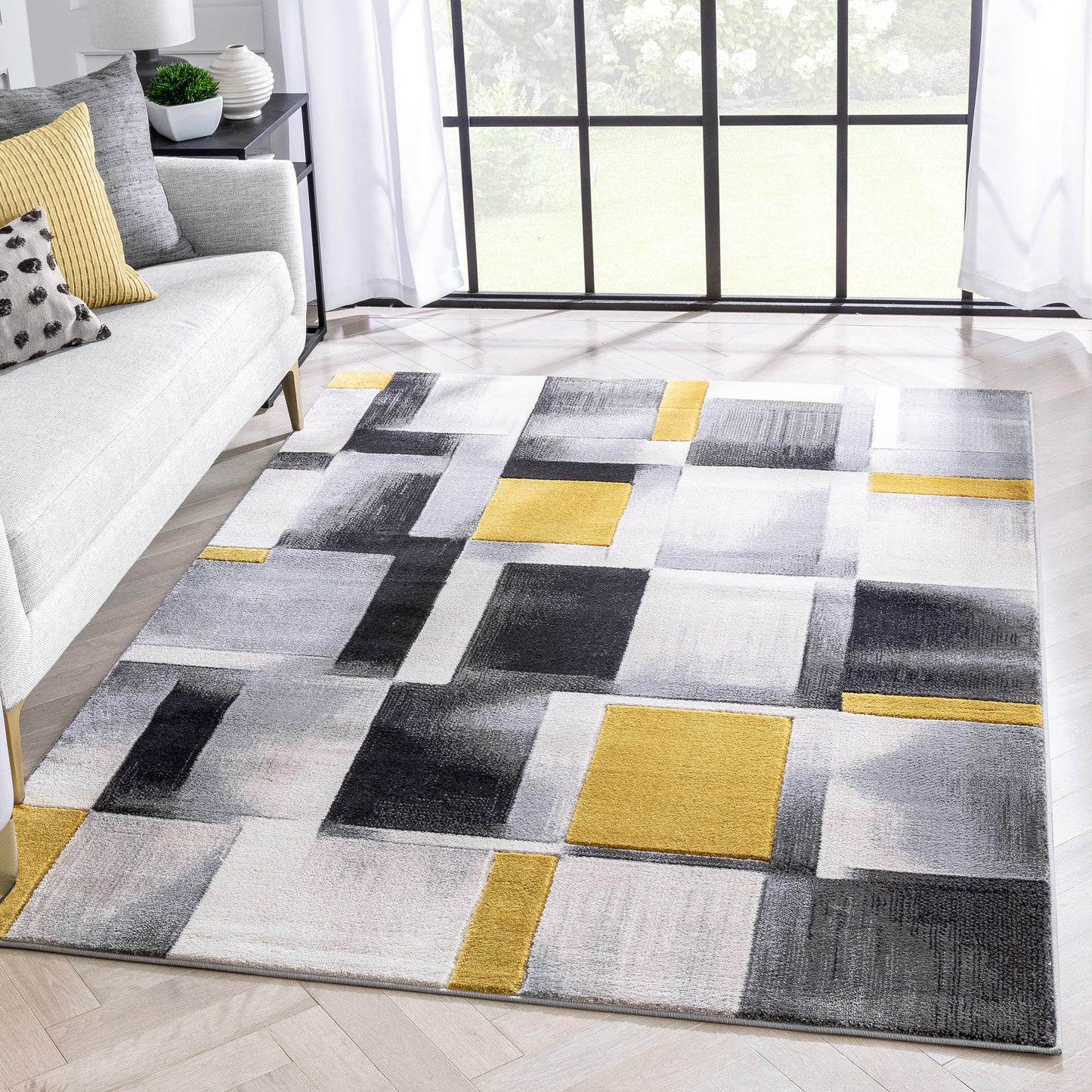 Louisa Gold Modern Geometric Boxes 3D Textured Rug GV-71