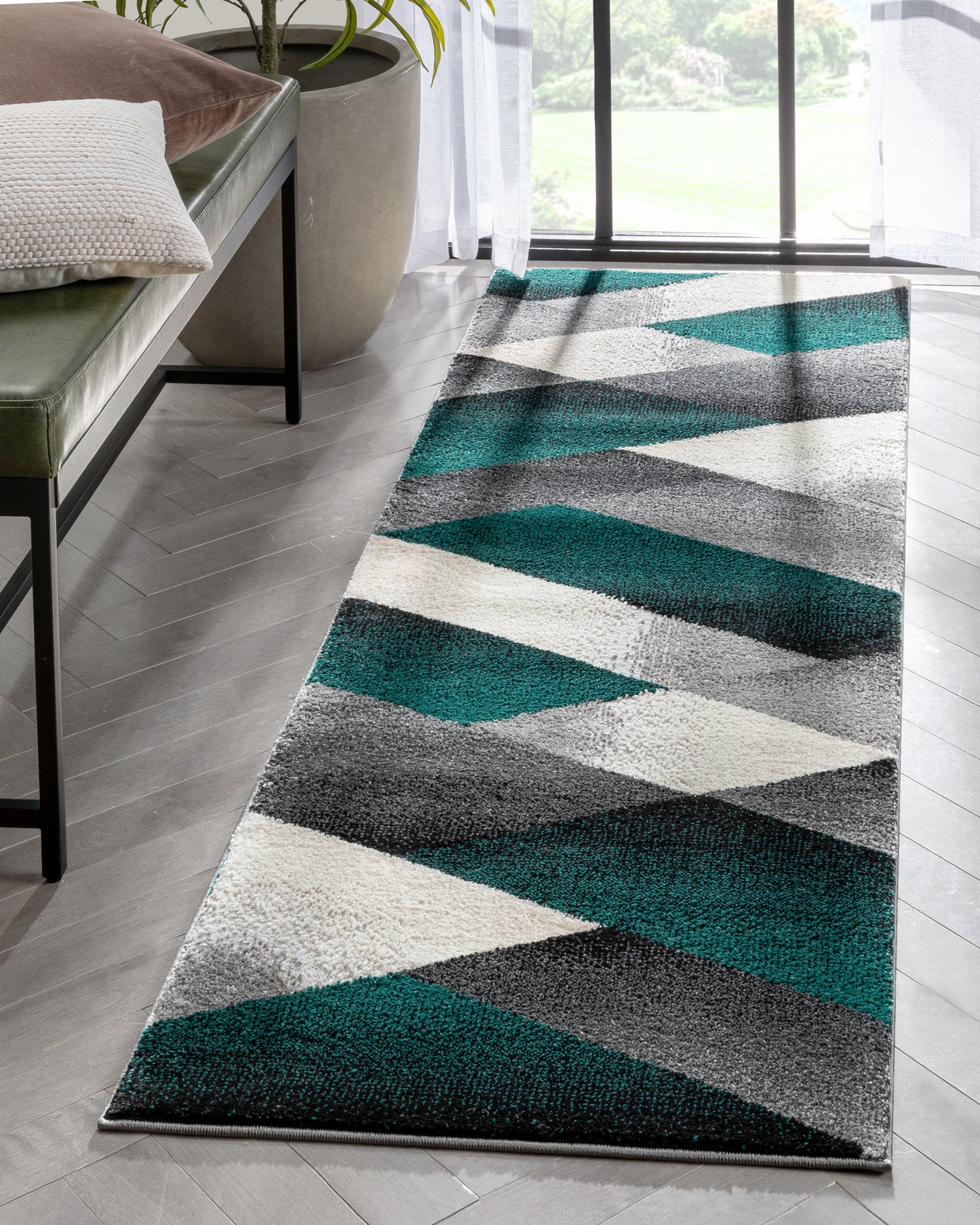 Salar Modern Geometric Grey Green High-Low Rug LEO-67