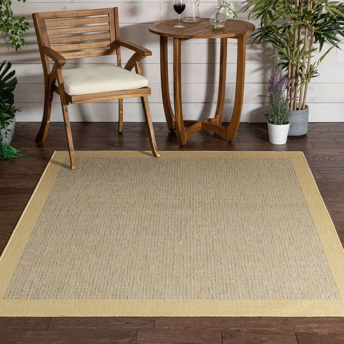 Odin Solid & Striped Border Indoor Outdoor Yellow Flatweave Rug MED-31
