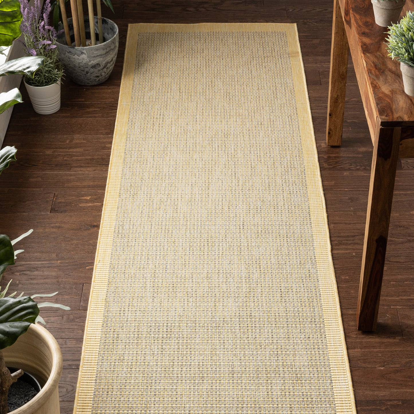 Odin Solid & Striped Border Indoor Outdoor Yellow Flatweave Rug MED-31