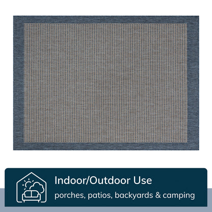 Odin Solid & Striped Border Indoor Outdoor Blue Flatweave Rug MED-34