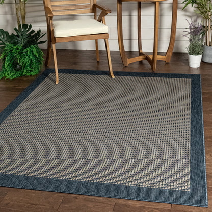 Odin Solid & Striped Border Indoor Outdoor Blue Flatweave Rug MED-34