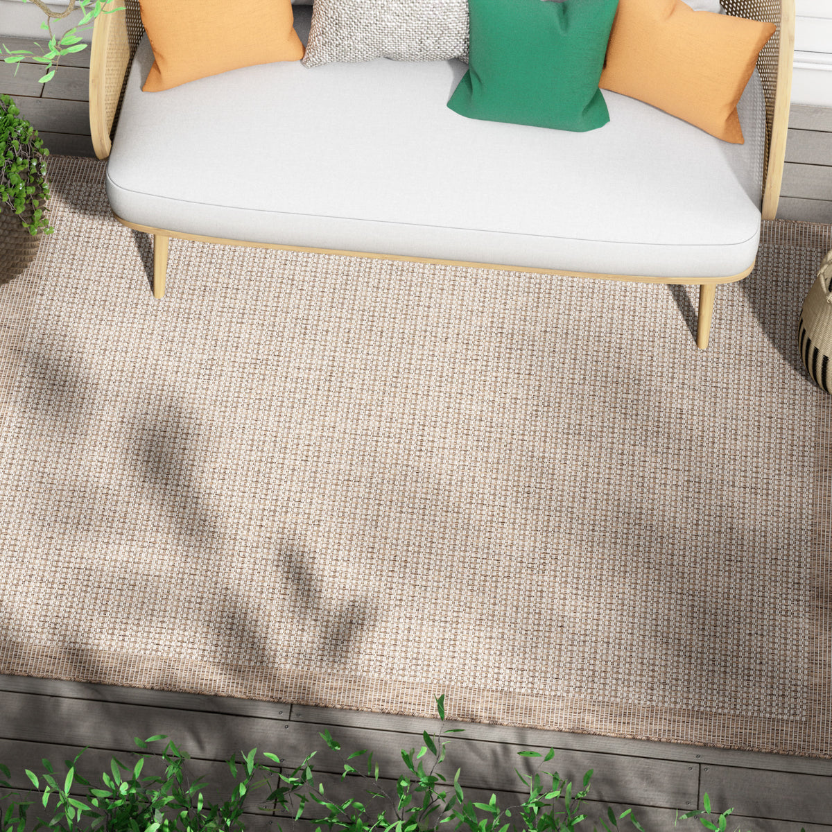 Odin Solid & Striped Border Indoor Outdoor Taupe Flatweave Rug MED-38