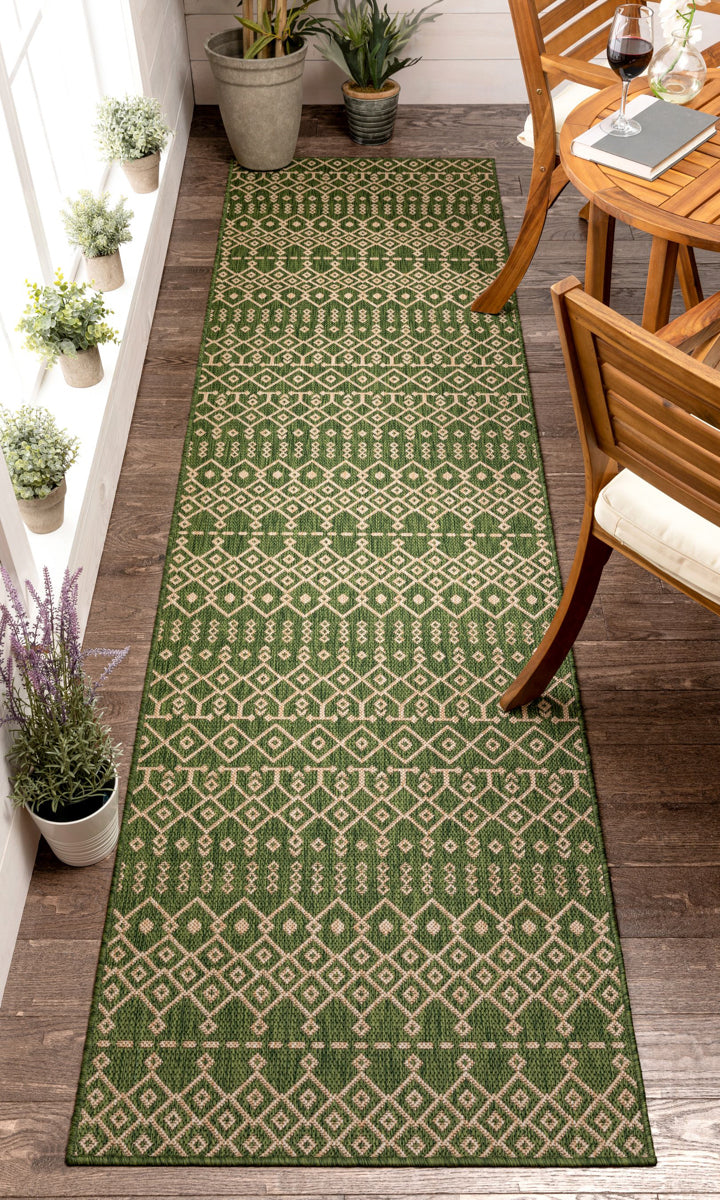 Nord Moroccan Tribal Indoor Outdoor Green Flatweave Rug MED-55