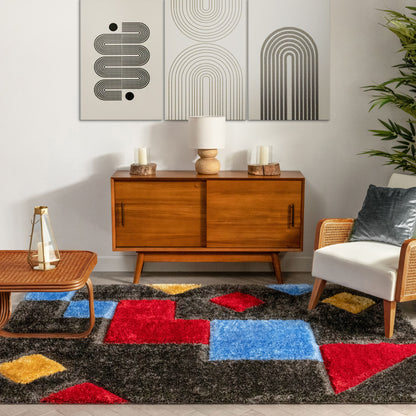 Teahupo Black Modern Geometric 3D Textured Shag Rug By Chill Rugs SF-53