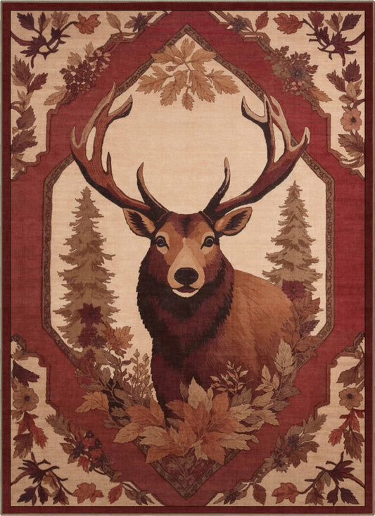 Apollo Deer With Antlers Red Beige Flat-Weave Rug W-BRC-01A