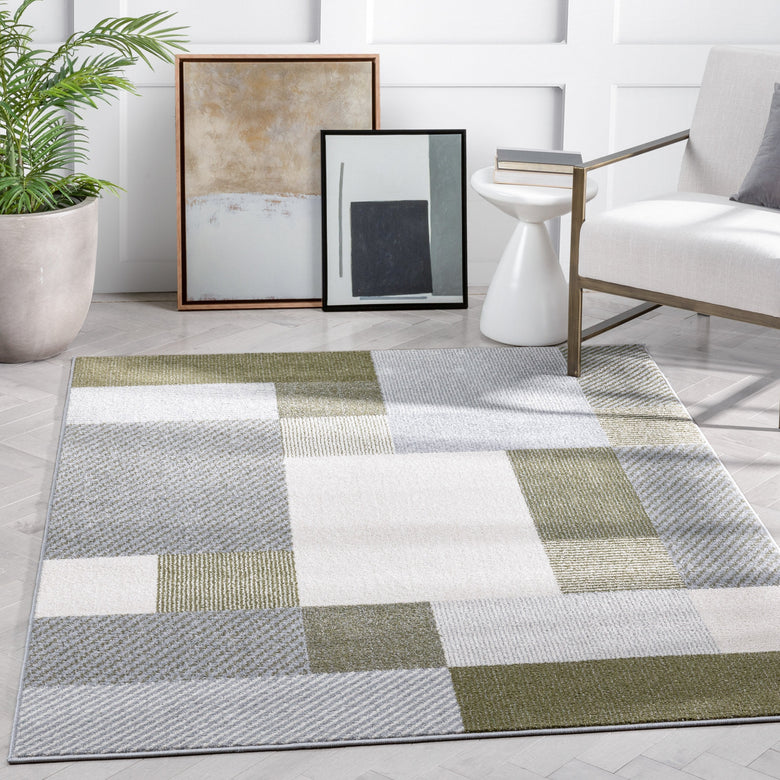 Wilma Modern Geometric Squares Green Grey Rug 2905