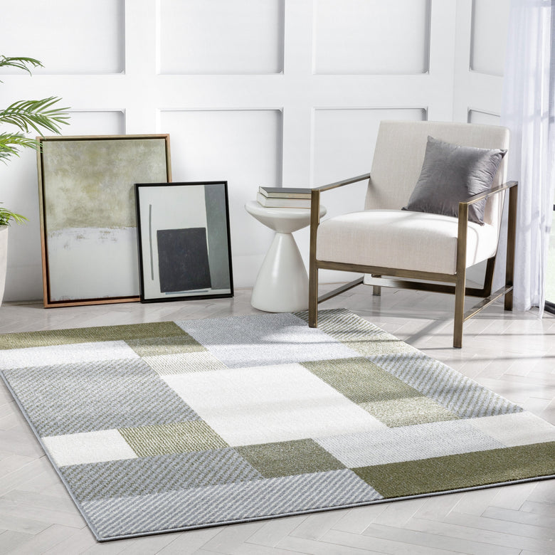 Wilma Modern Geometric Squares Green Grey Rug 2905