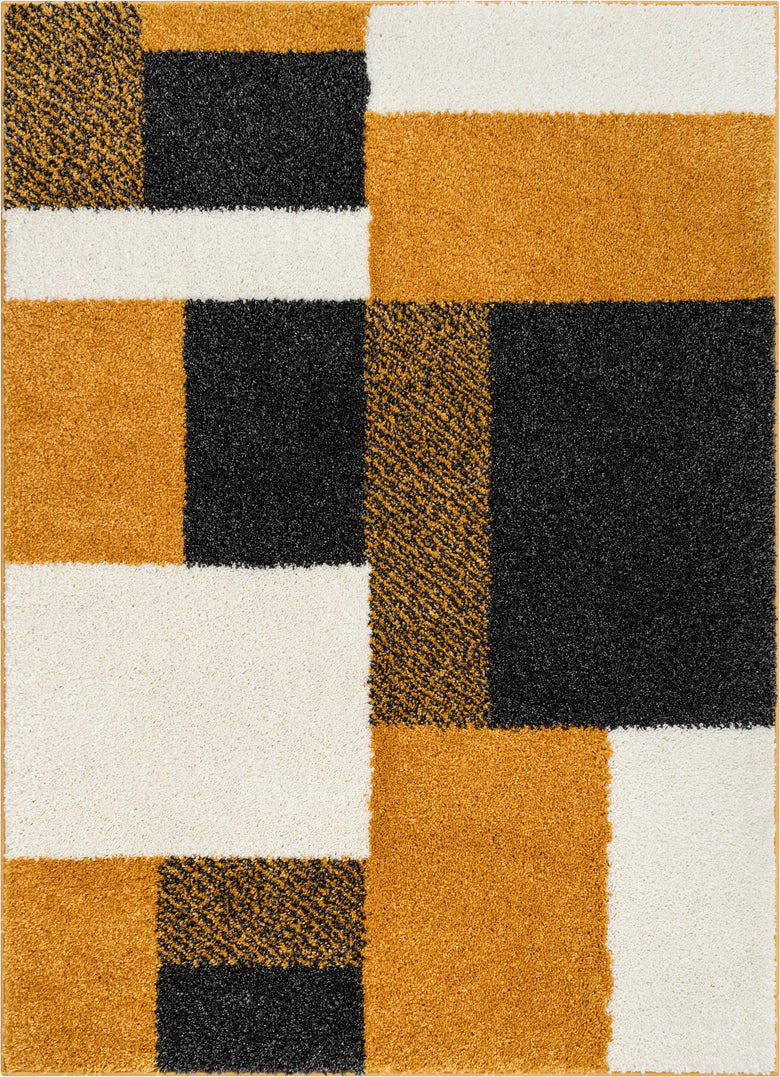 Cubes Geometric Boxes & Squares Gold Grey Thick Shag Rug 7001
