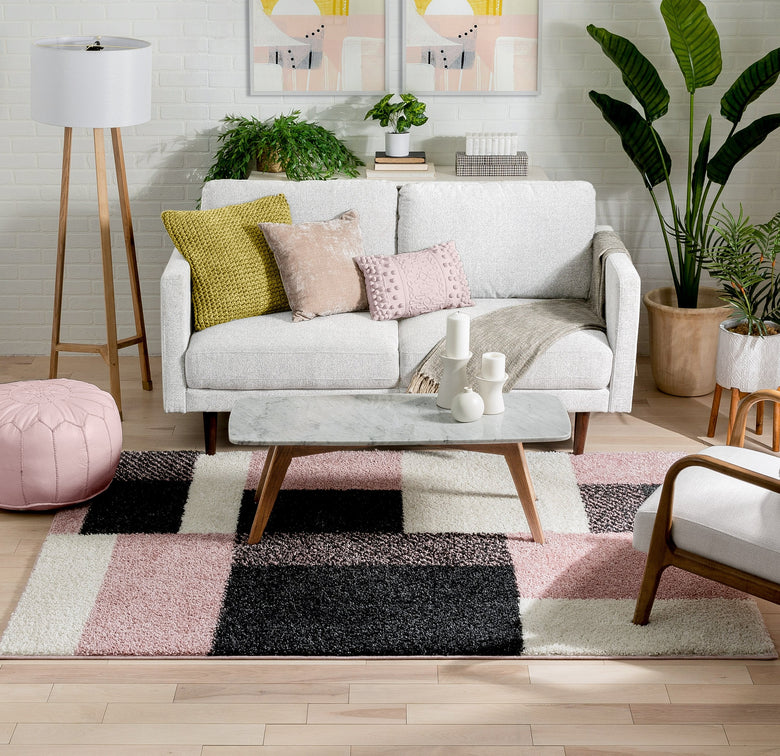 Cubes Geometric Boxes & Squares Blush Grey Thick Shag Rug 7009