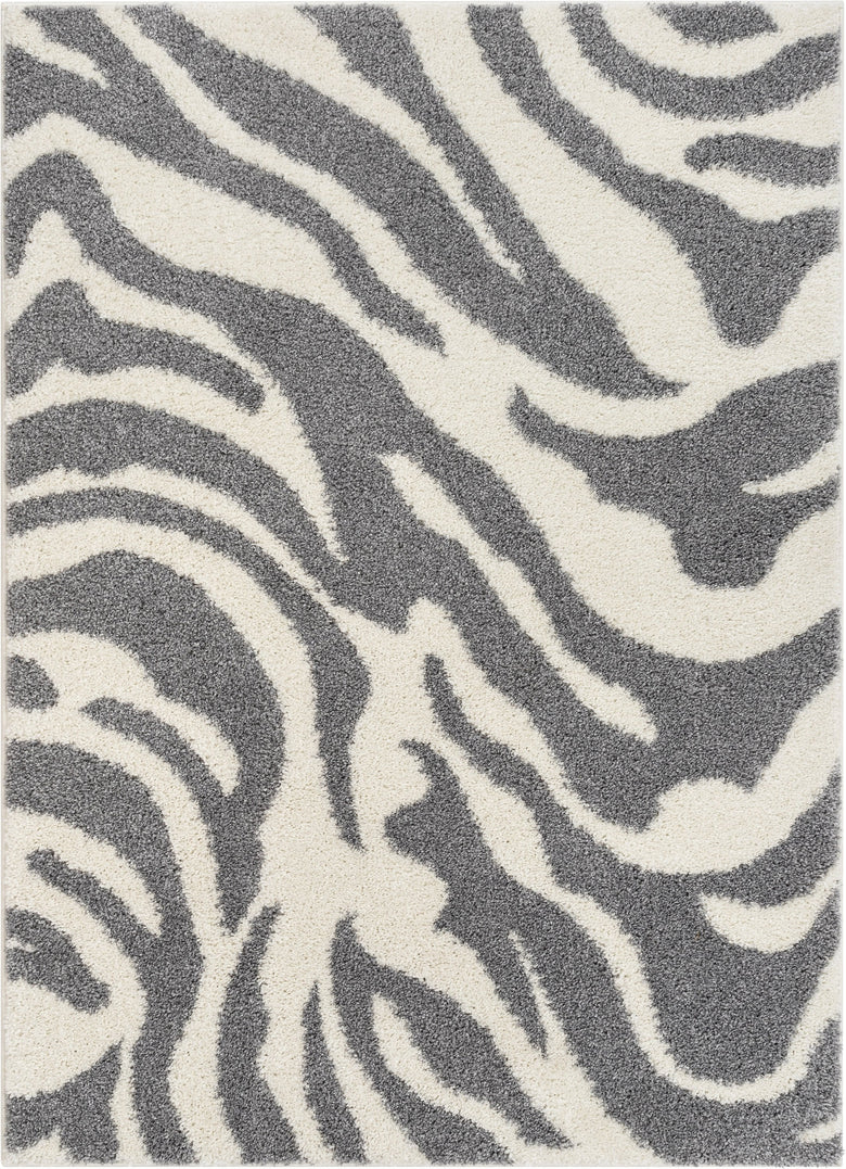 Zebra Animal Print Stripes Light Grey Ivory Thick Shag Rug 7036