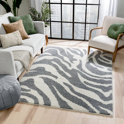 Zebra Animal Print Stripes Light Grey Ivory Thick Shag Rug 7036