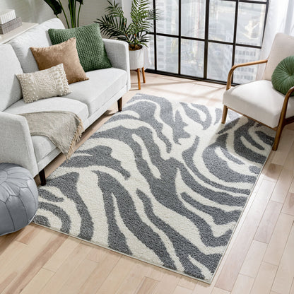 Zebra Animal Print Stripes Light Grey Ivory Thick Shag Rug 7036