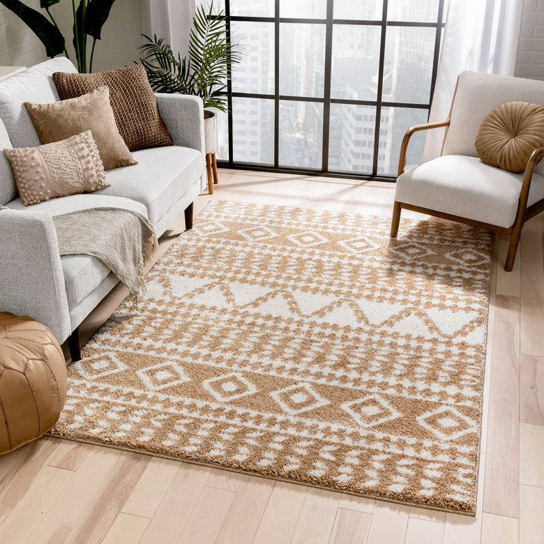 Cossima Moroccan Geometric Pattern Ivory Thick Shag Rug 7772