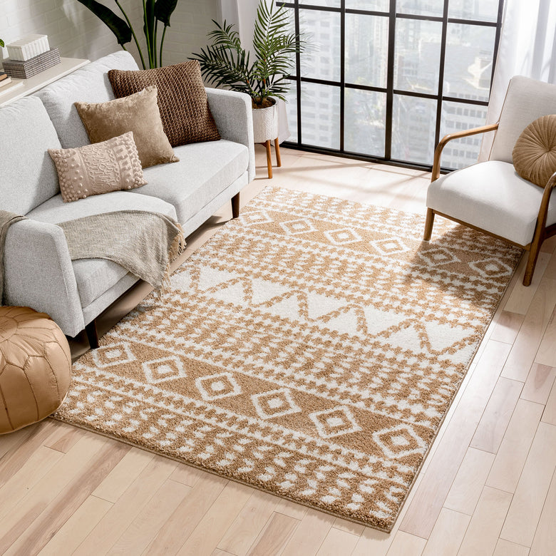 Cossima Moroccan Geometric Pattern Ivory Thick Shag Rug 7772