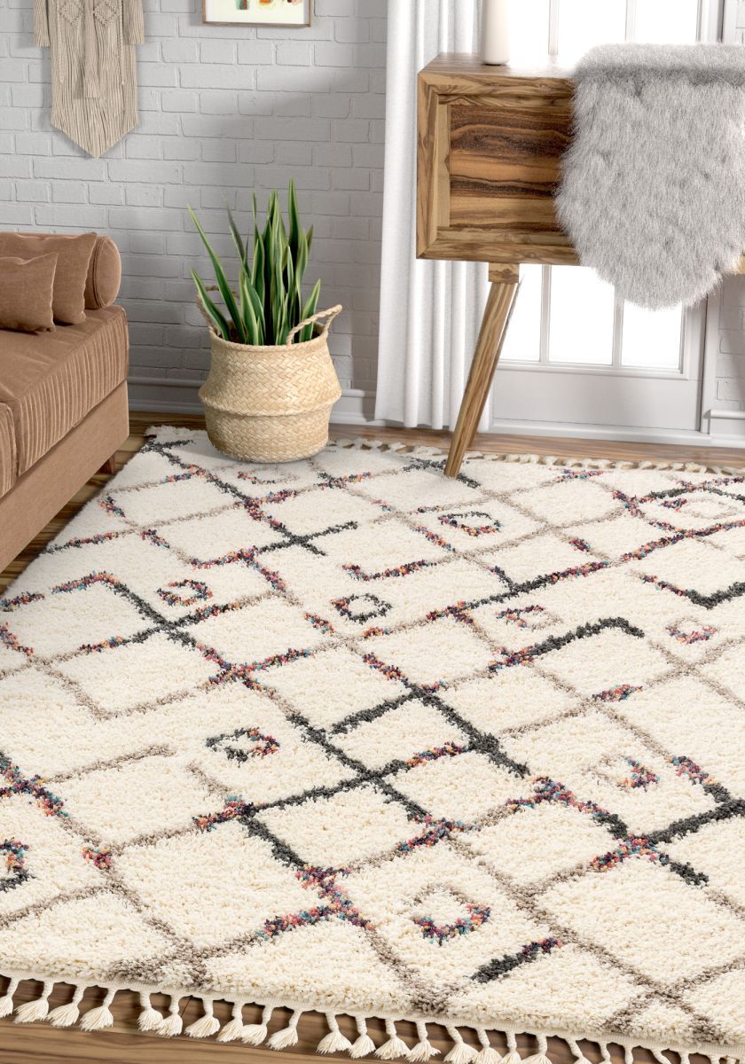 Darcie Ivory Tribal Nomadic Trellis Shag Rug AA-82