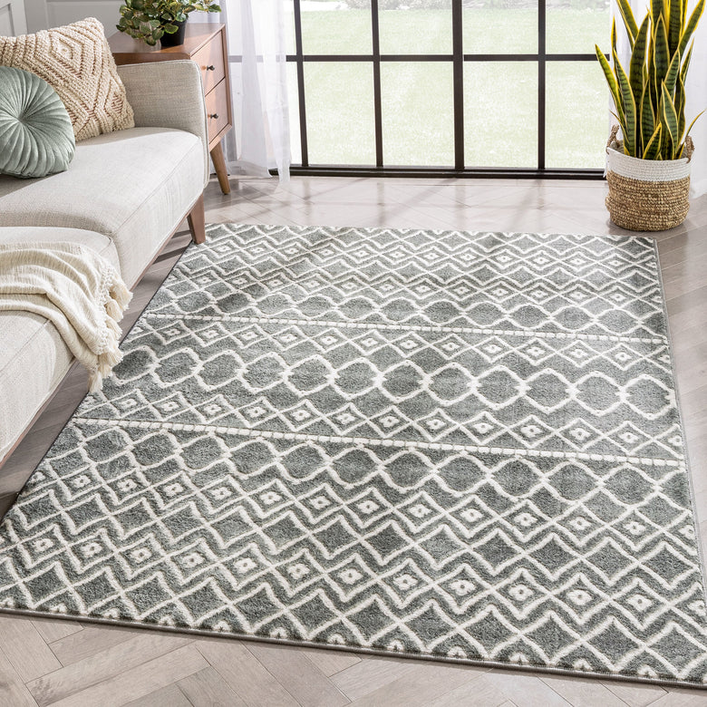 Hira Moroccan Trellis Geometric Grey High-Low Rug ANT-17