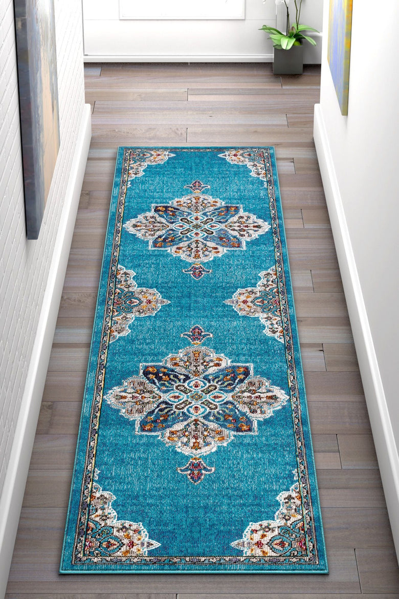 Aidan Bohemian Vintage Floral Mandala Blue Rug BL-26