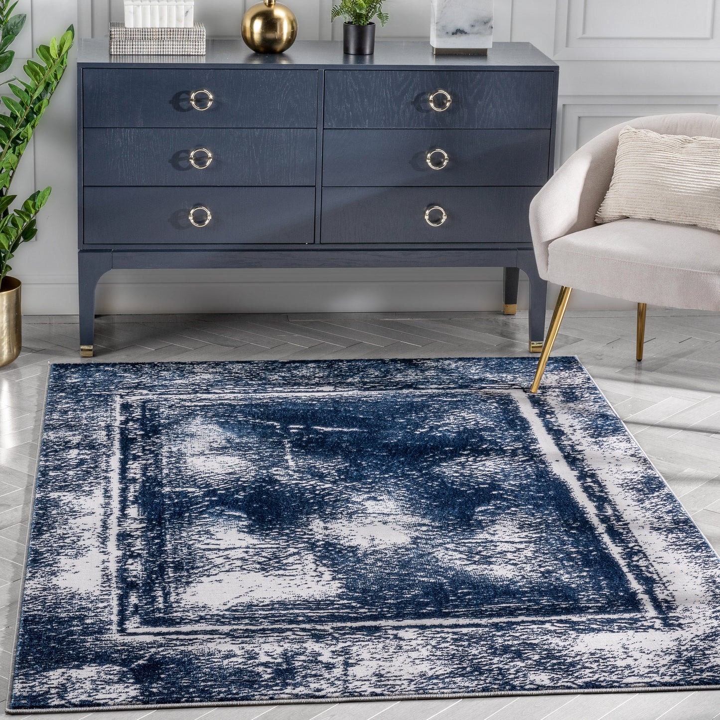 Zaynab Vintage Abstract Border Blue Glam Rug CAI-106