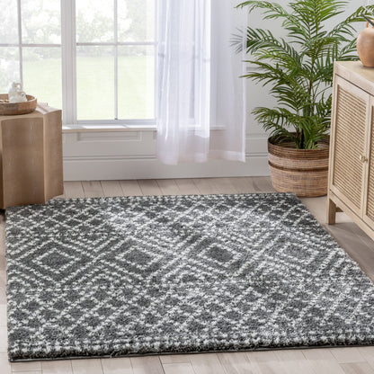 Evora Moroccan Diamond Pattern Grey Thick & Soft Shag Rug CE-17