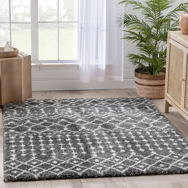 Coimbra Moroccan Diamond Pattern Grey Thick & Soft Shag Rug CE-27