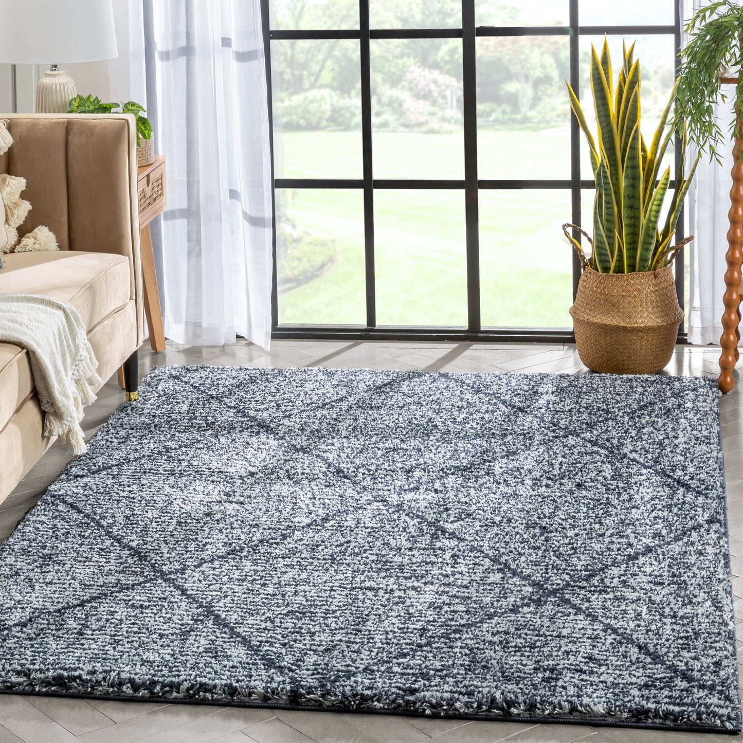 Aviero Moroccan Lattice Trellis Blue Thick & Soft Shag Rug CE-44