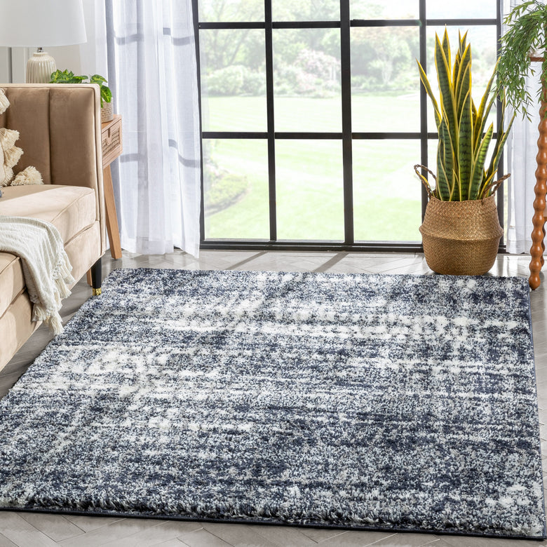 Sintra Mid-Century Modern Geometric Pattern Blue Thick & Soft Shag Rug CE-64