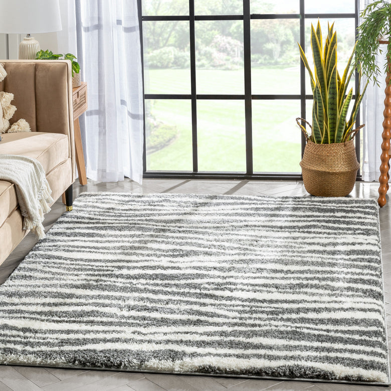 Faro Modern Coastal Waves Pattern Dark Grey Thick & Soft Shag Rug CE-87