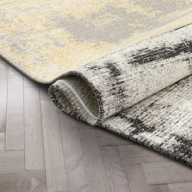 Fanos Modern Distressed Abstract Brush Strokes Yellow Grey Kilim-Style Rug CHA-21