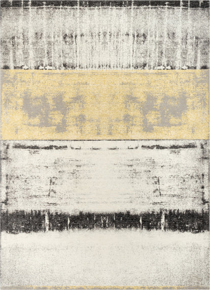 Fanos Modern Distressed Abstract Brush Strokes Yellow Grey Kilim-Style Rug CHA-21