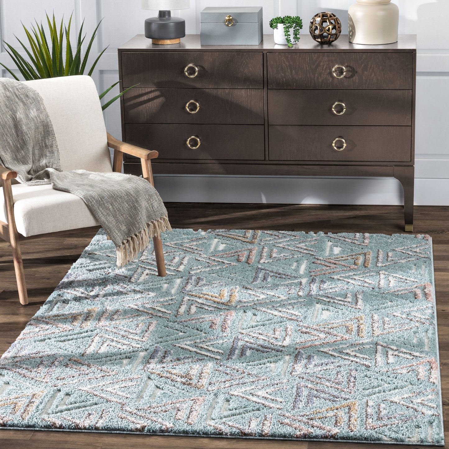 Thanatos Modern Geometric Light Blue High-Low Shag Rug DEL-56