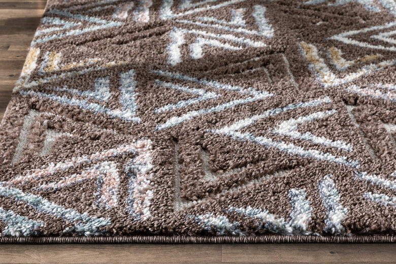 Thanatos Modern Geometric Brown High-Low Shag Rug DEL-58