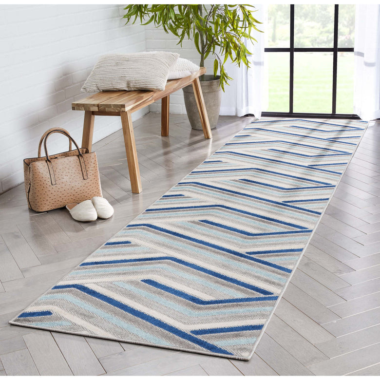 Neema Modern Geometric Indoor/Outdoor Grey Blue High-Low Rug DO-447