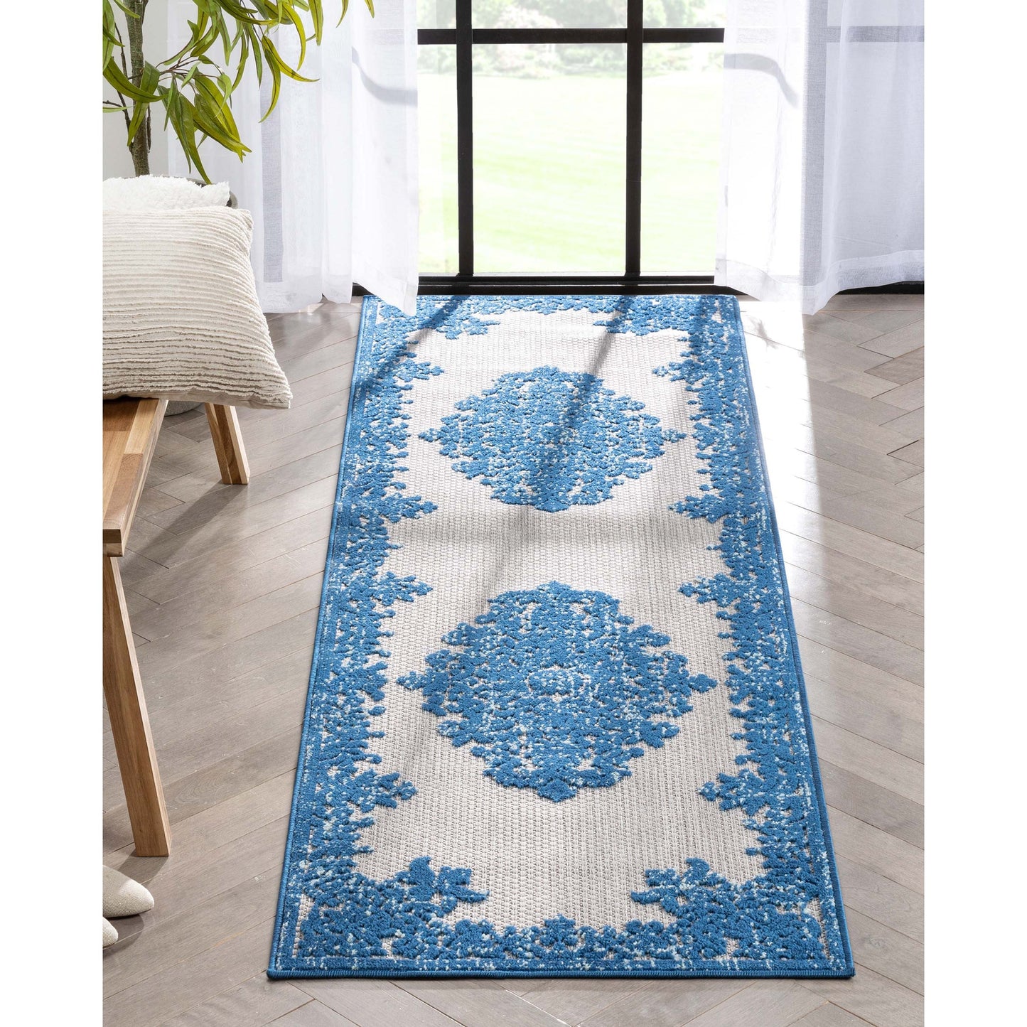 Arid Modern Medallion Persian Indoor/Outdoor Blue High-Low Rug DO-504