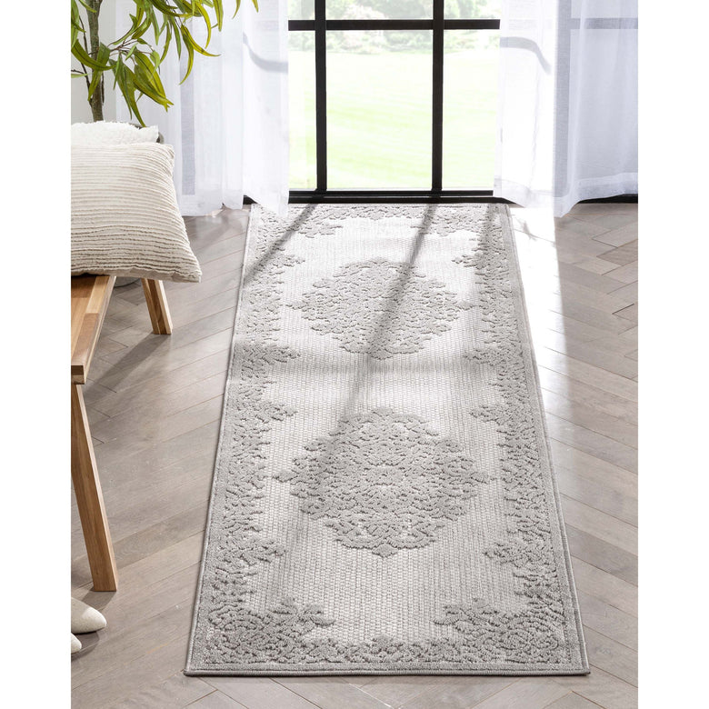 Arid Modern Medallion Persian Indoor/Outdoor Grey High-Low Rug DO-507