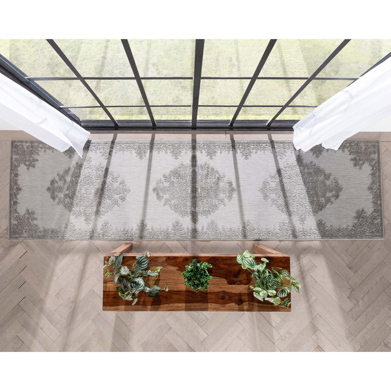 Arid Modern Medallion Persian Indoor/Outdoor Grey High-Low Rug DO-507
