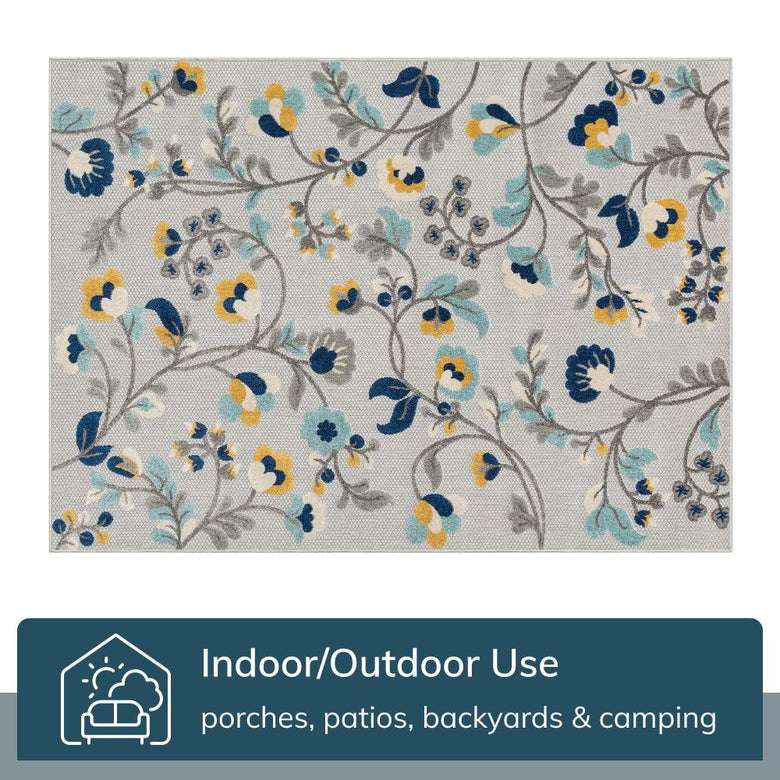 Neveh Grey Modern Floral Indoor Outdoor Rug DO-104