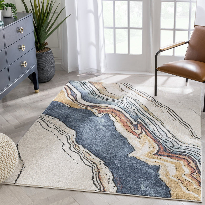 Livorno Abstract Paintsplash Ivory Blue Rug ENV-82