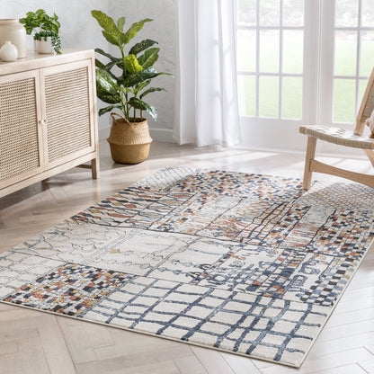 Taranto Geometric Abstract Pattern Ivory Blue Rug ENV-92