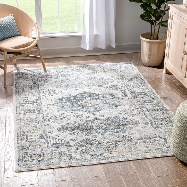 Novalie Vintage Patchwork Botanical Border Blue Rug FA-54