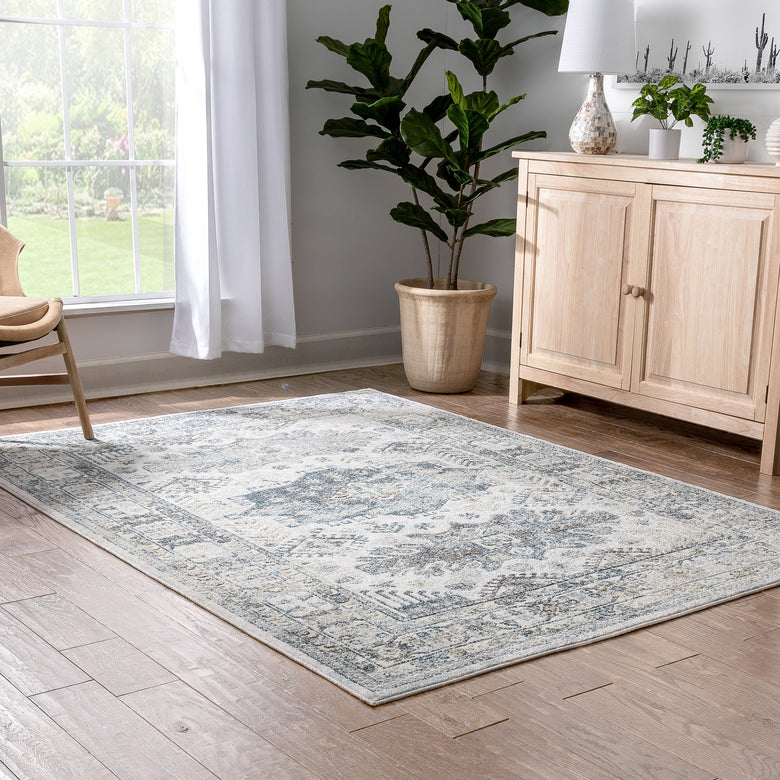 Novalie Vintage Patchwork Botanical Border Blue Rug FA-54