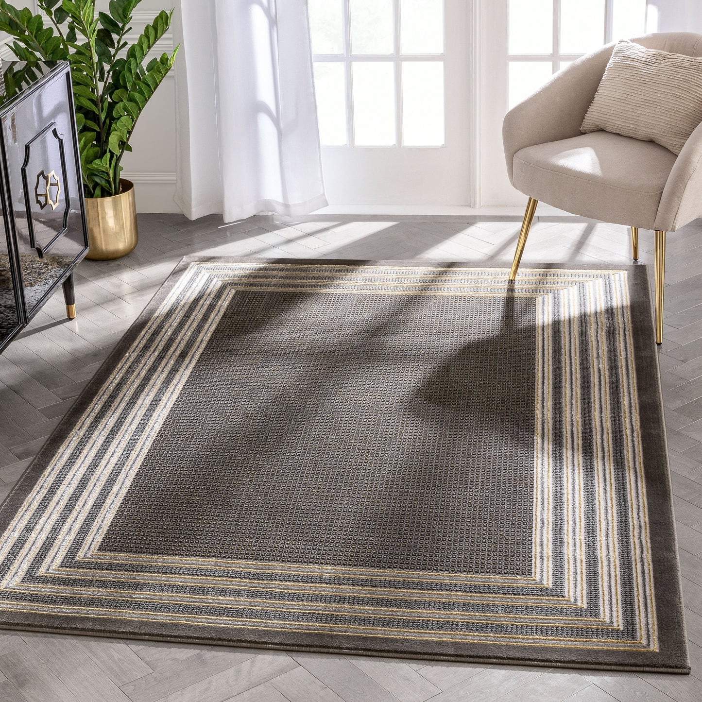 Waylon Retro Border Solid & Striped Grey Glam Rug FRM-107