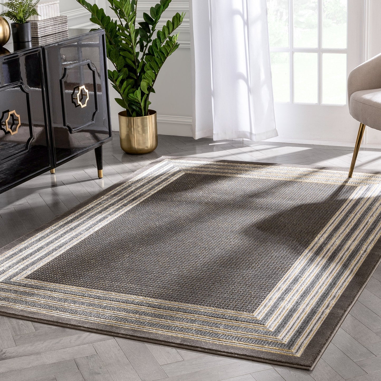 Waylon Retro Border Solid & Striped Grey Glam Rug FRM-107