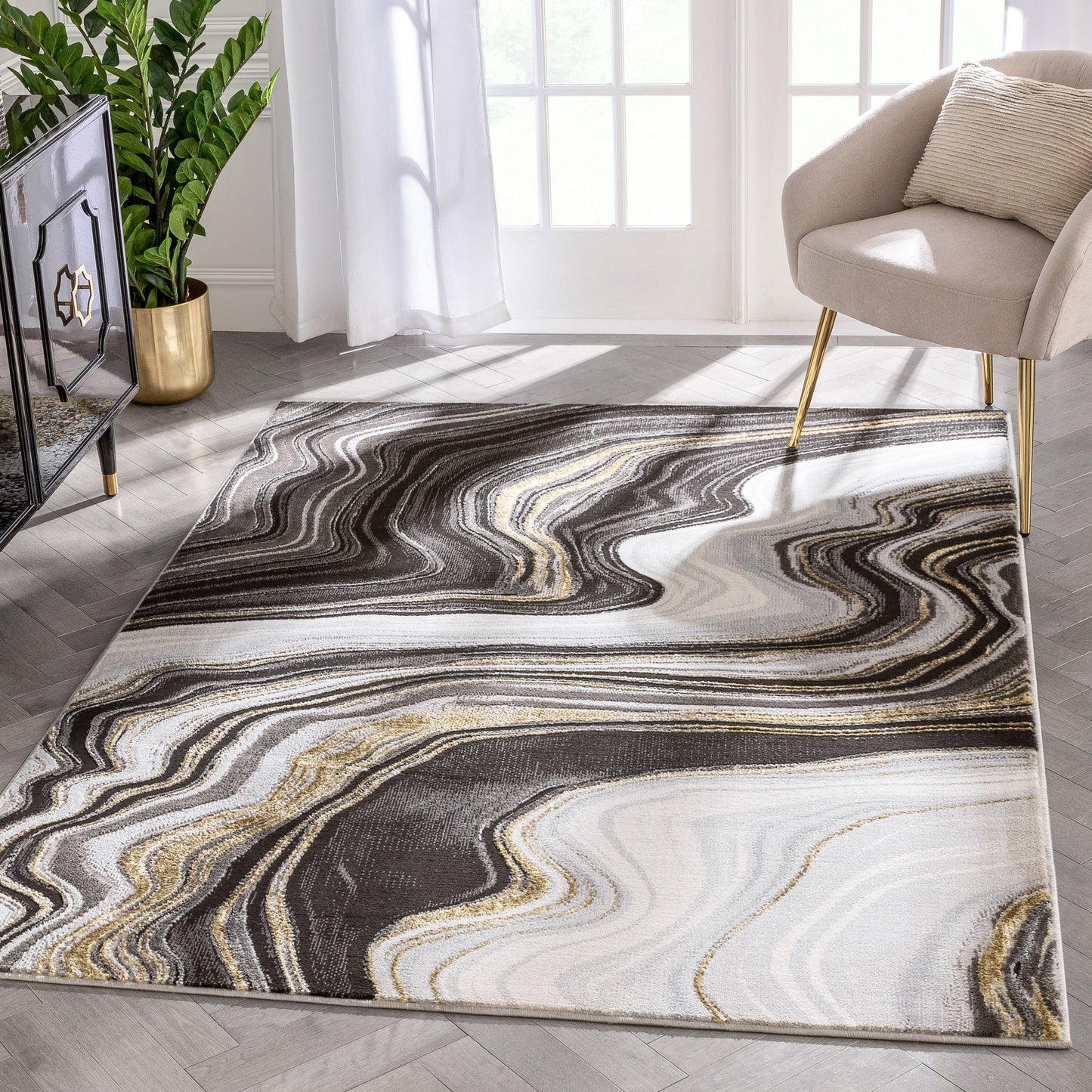 Warren Retro Abstract Waves Grey Glam Rug FRM-187