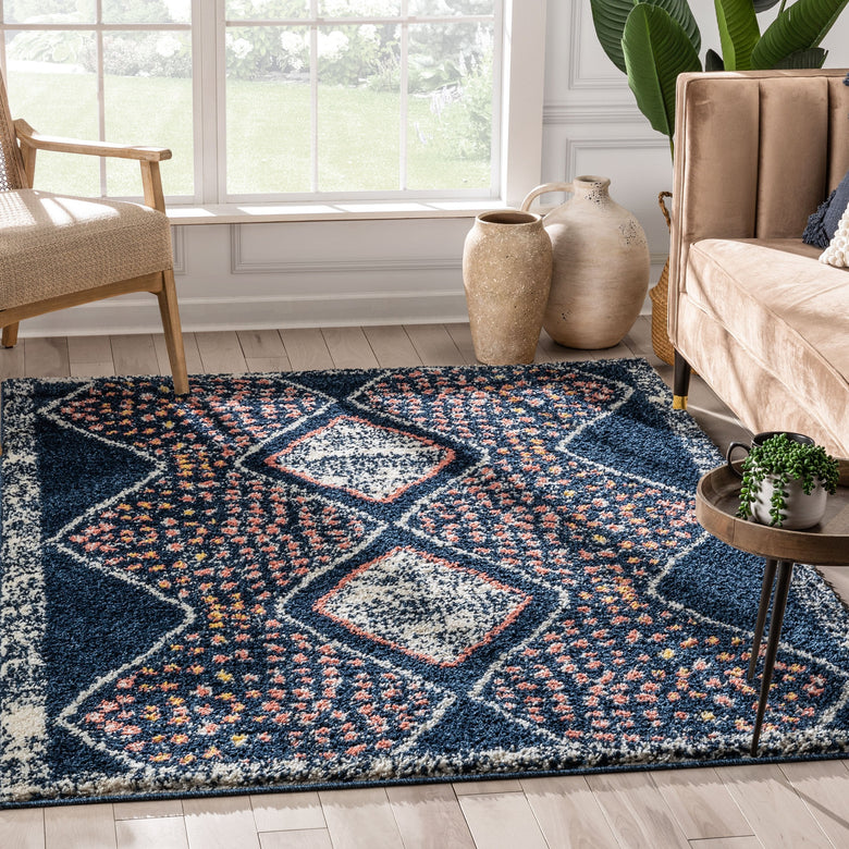 Sansa Moroccan Diamond Pattern Blue Thick Shag Rug GIG-14