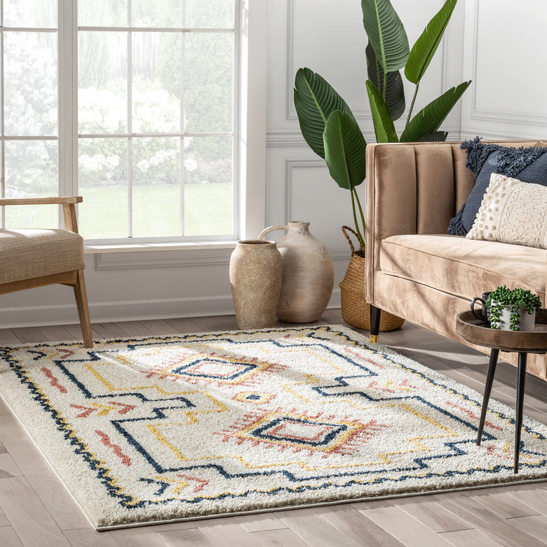 Audi Ethnic Medallion Pattern Ivory Thick Shag Rug GIG-72