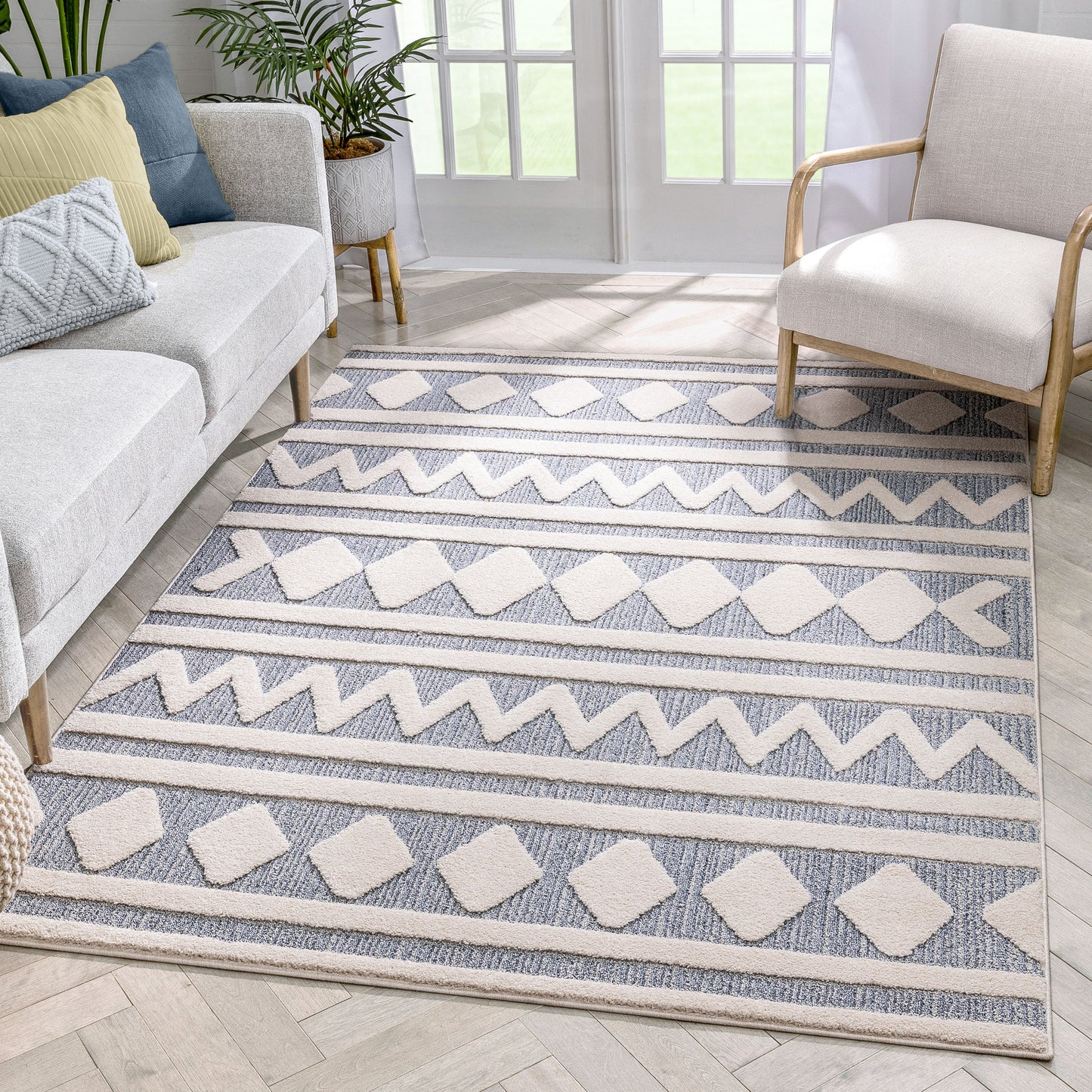 Zara Tribal Moroccan Diamond Pattern Light Blue Looped Pile Rug HAR-26