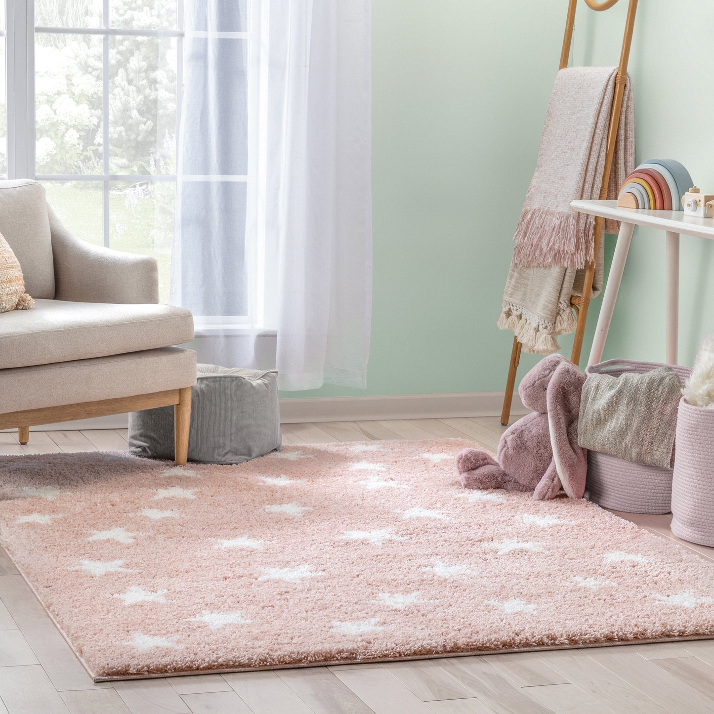 Celestial Skies Modern Stars Pattern Pink Thick & Ultra Soft Kids Rug HAV-10