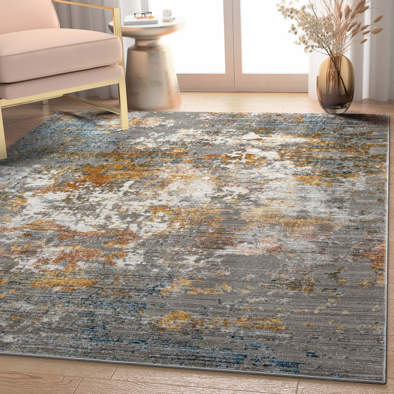 Abstract Modern Distressed Grey Multi Rug HR-11