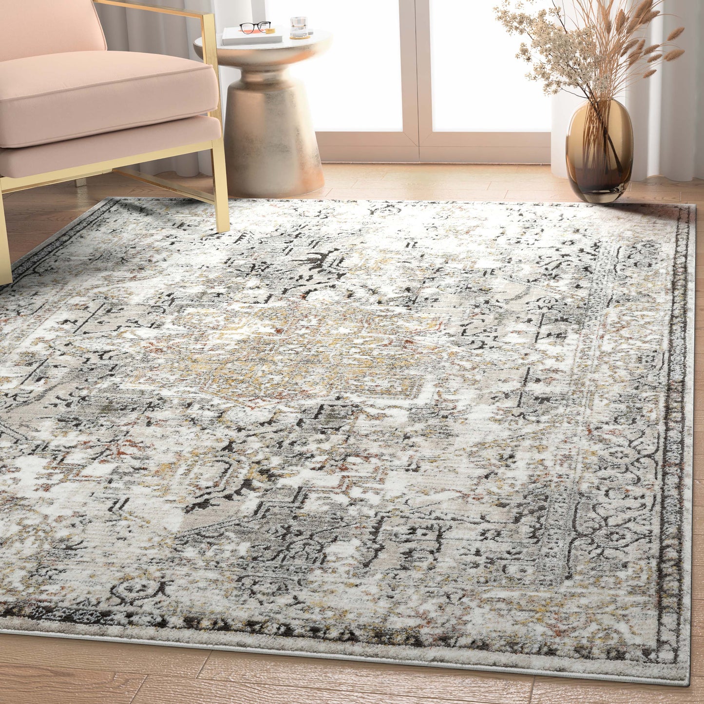 Heriz Medallion Modern Vintage Grey Ivory Rug HR-38